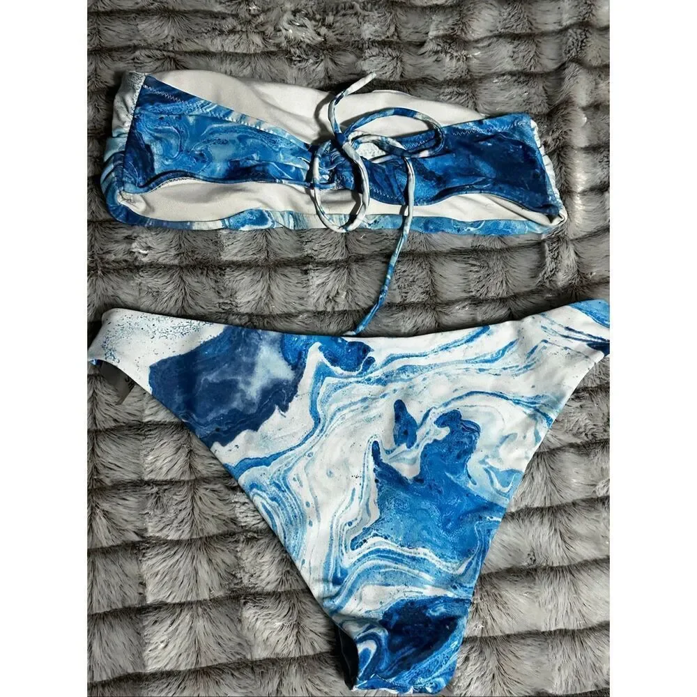 SHEIN Women’s Blue Marble Print Bikini Set Size Medium